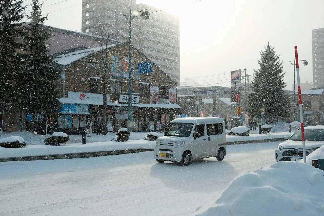 A snowy street in Asahikawa, Hokkaido